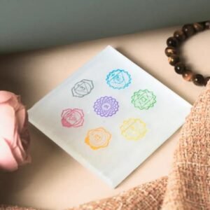 Selenite Seven Chakra Symbol Charging Plate Square